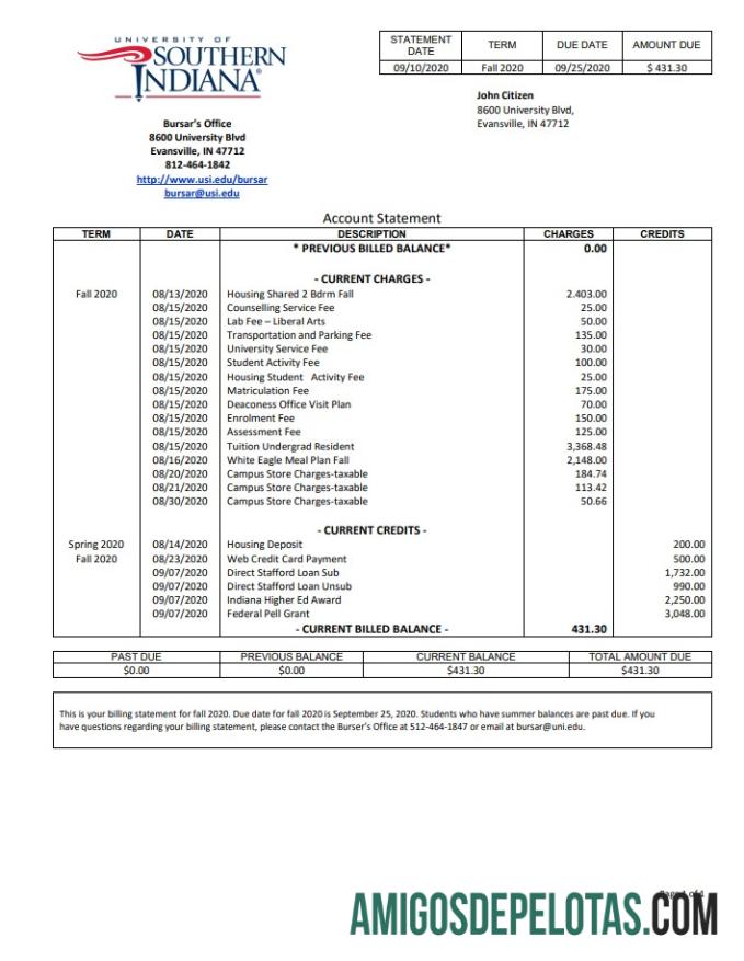 USA University Of Southern Indiana amostra